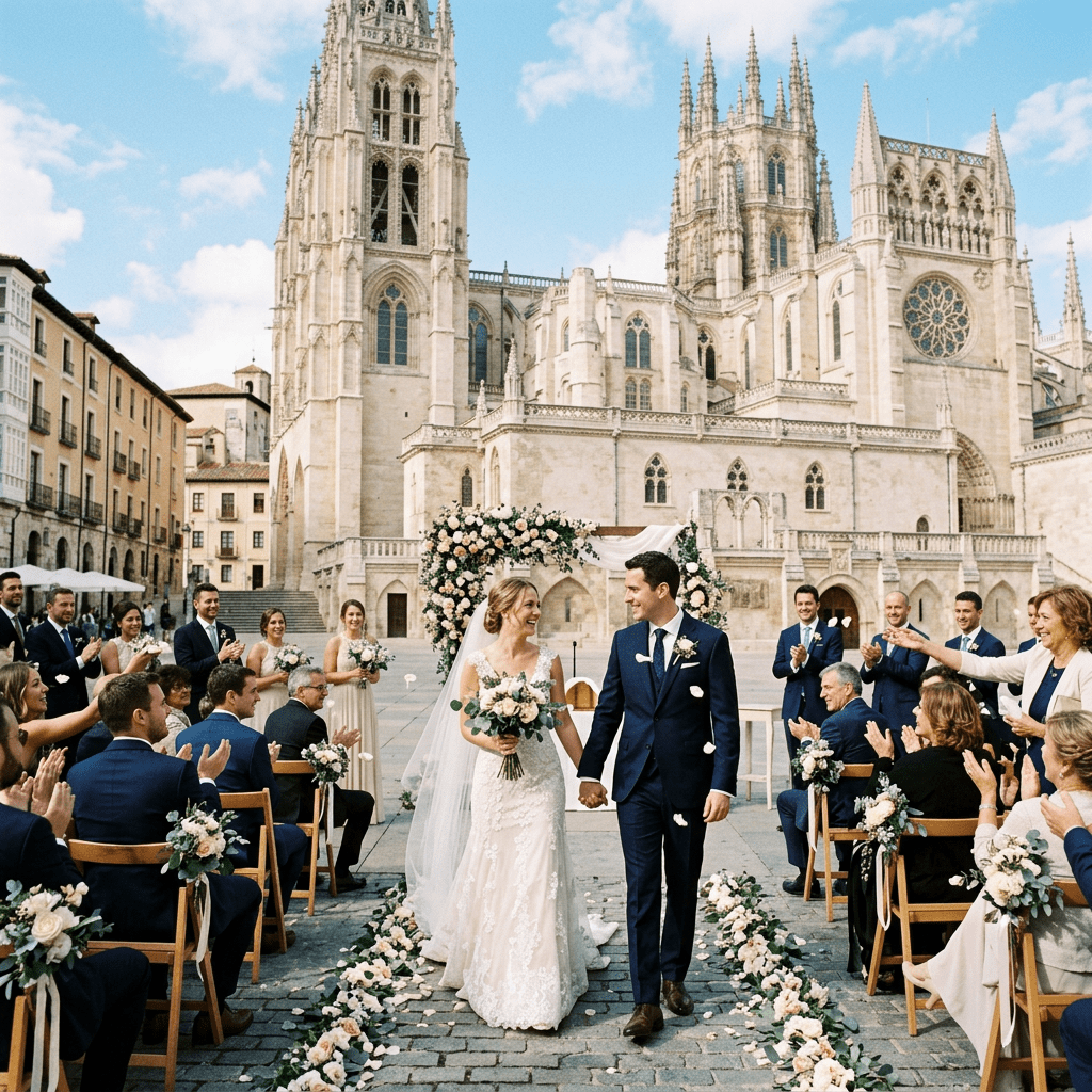 Bride and groom walking hand in hand after wedding ceremony outdoors with guests applauding