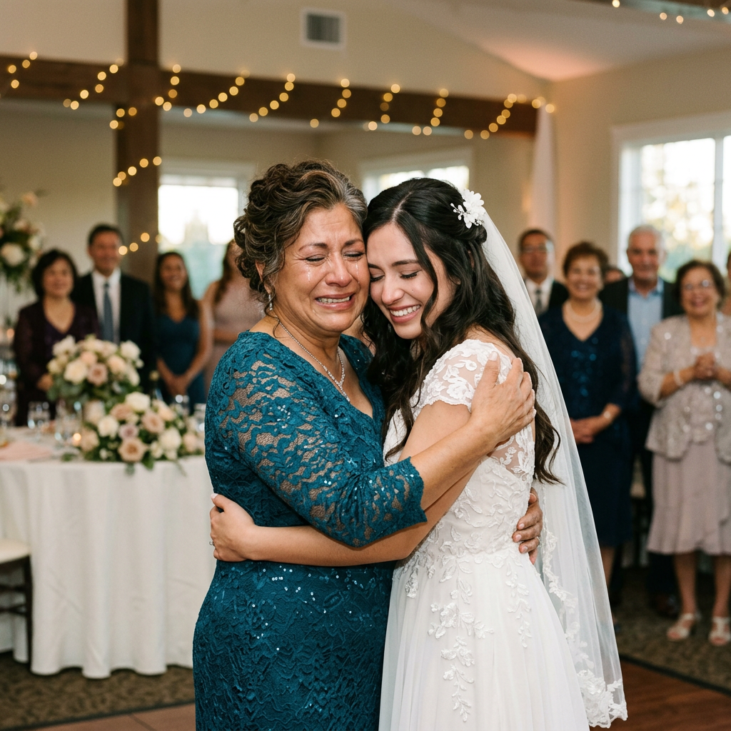 Bride and mother embracing emotionally at wedding reception with guests smiling in background