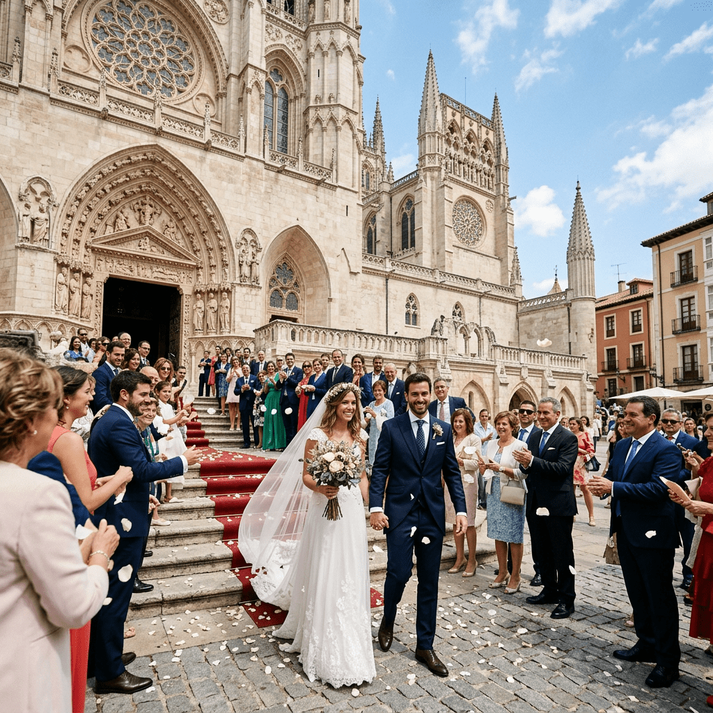 Bride and groom walking outside a cathedral with guests throwing flower petals