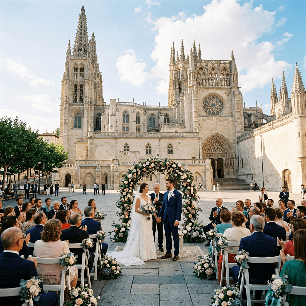 Bride and groom at outdoor wedding ceremony with floral arch and cathedral backdrop