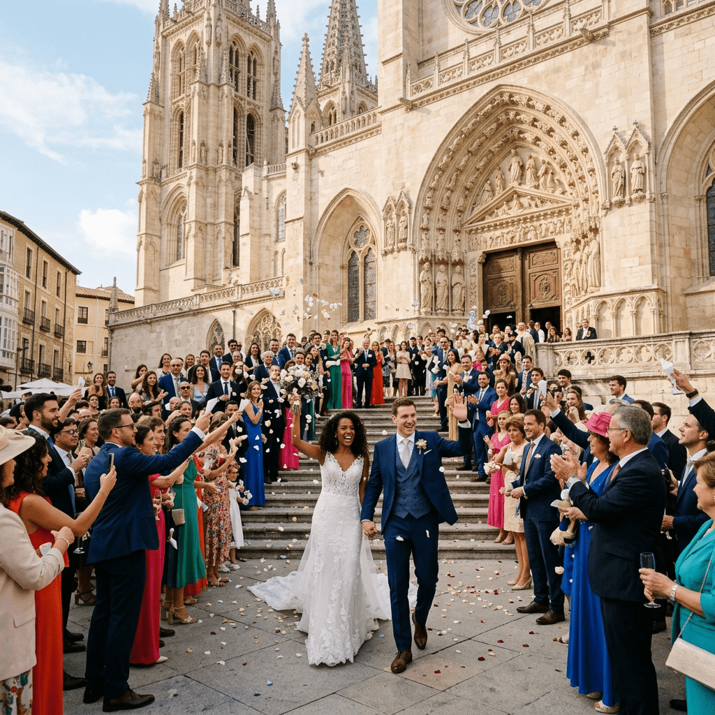 Bride and groom walking down cathedral steps while guests throw flower petals