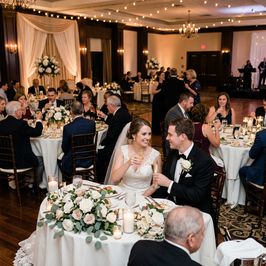 Bride and groom clinking champagne glasses at wedding reception table