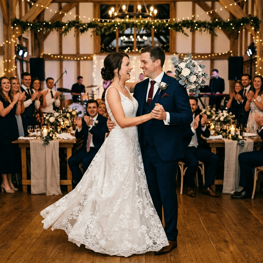 Bride in white lace dress and groom in navy suit dancing at wedding reception