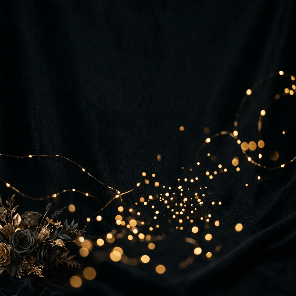 Black and gold roses with glowing string lights on dark fabric